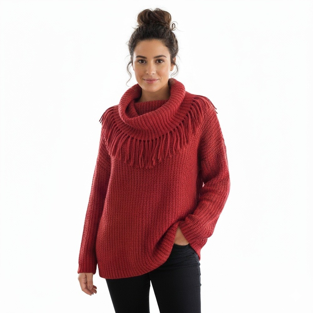 Chicos Red Cowl Neck Sweater Fringe‎ Detail Knit Women's Size 3 Long Sleeve